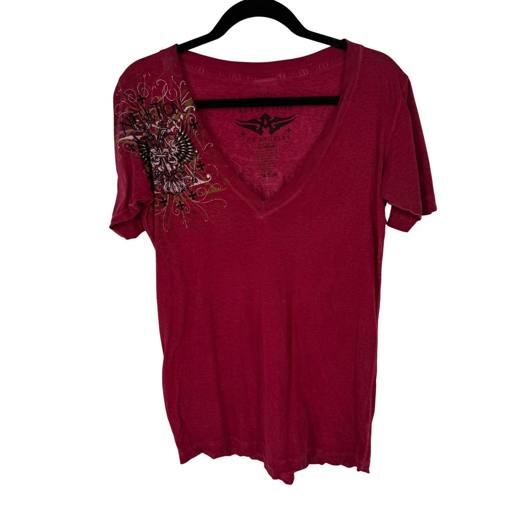 Affliction Graphic T-Shirt Womens L Red Excellent V-Neck Eagle Cross Biker Tee